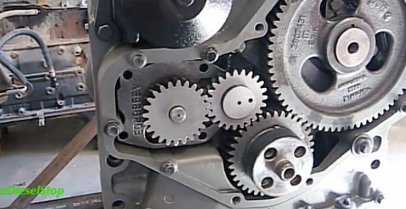 The Cummins uses timing gears. Photo: The Diesel Stop/YouTube (screengrab)